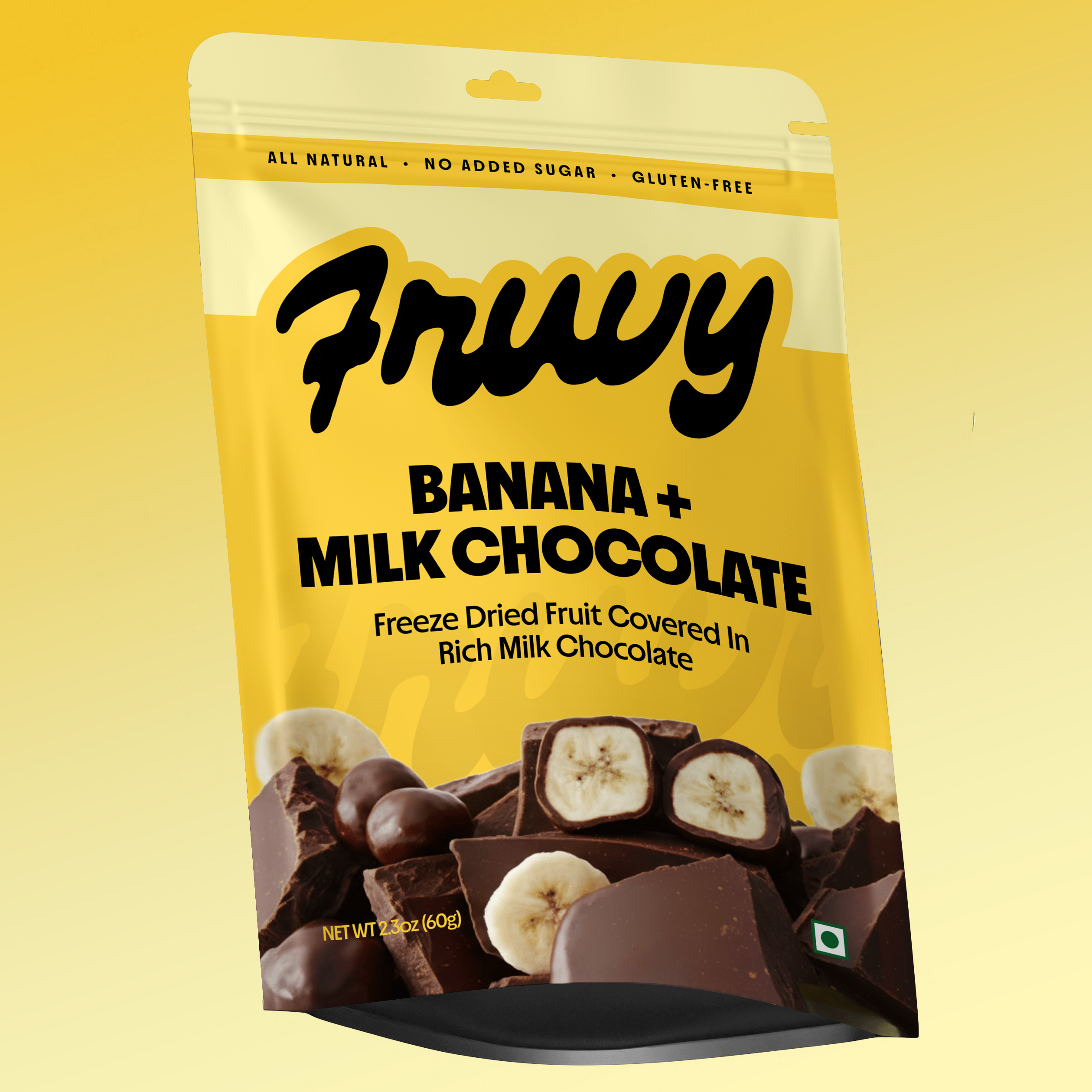 Fruvy banana and milk chocolate package on a yellow background